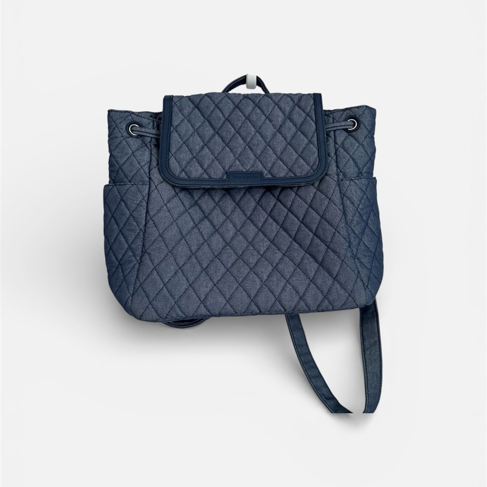 Vera Bradley Quilted Fabric Navy Backpack with Drawstring/Button Close GUC